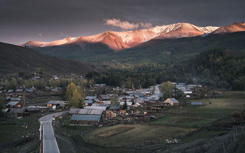 High angle view of mountains against sky