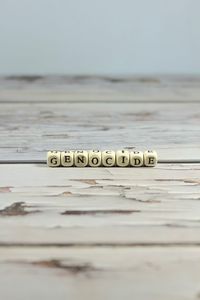 Close-up of text on table