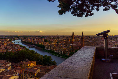 High angle view of buildings against sky during sunset