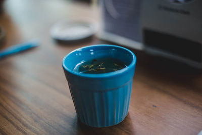 High angle view of drink on table