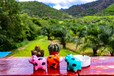 Close-up of toys on table against mountains