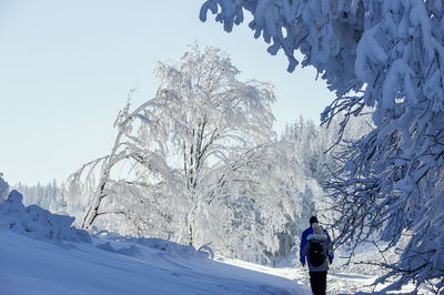 Rear view of person walking on snow covered mountain against sky