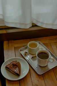 High angle view of breakfast served on table