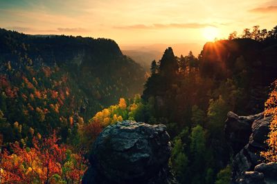 Autumn sunset view over colorful rocks to fall valley of bohemian switzerland.