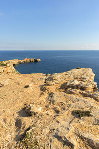 Scenic view of sea against clear blue sky