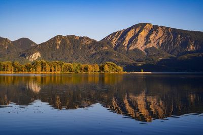 Lake kochelsee reflection from mountain jochberg in evening autumn sun