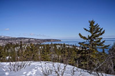 Scenic view of snowcapped mountains against clear blue sky