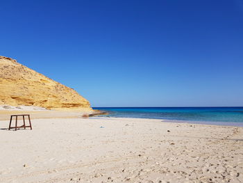 Scenic view of beach against clear blue sky