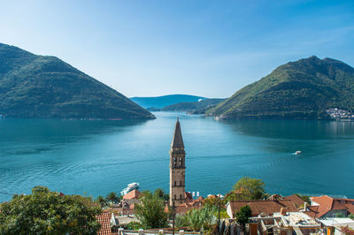 Scenic view of sea and mountains against sky