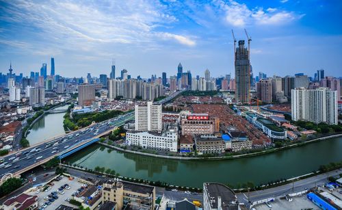 Panoramic view of cityscape against sky