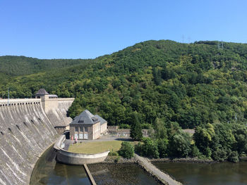 View of built structures against clear sky