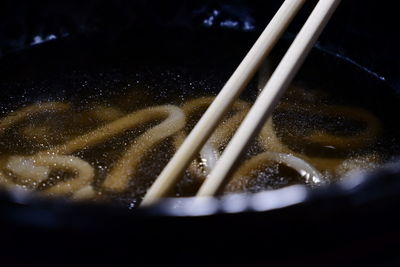 High angle view of meat in bowl