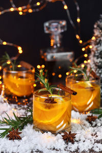 Close-up of christmas decorations on table