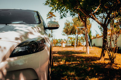 Close up of volvo v40 car with focus on foreground against field, trees, plant and sky