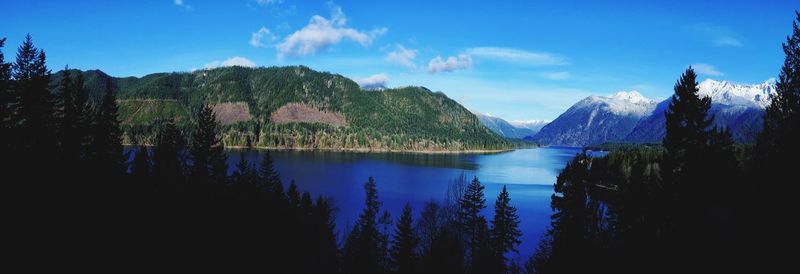 Panoramic view of lake and mountains against blue sky