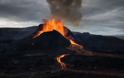Volcanic eruption and lava flow in fagradalsfjall, reykjanes peninsula, iceland