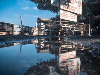 Reflection of buildings on lake against sky