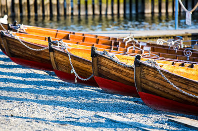 Close-up of boats moored in water