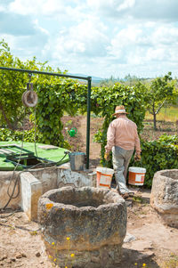 Rear view of man standing by plants against sky