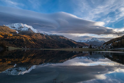 Scenic view of lake by mountains against sky