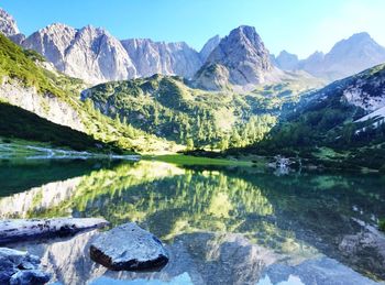 Scenic view of lake and mountains against sky