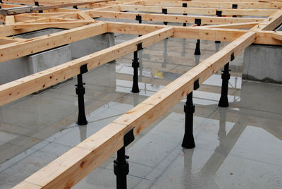 High angle view of chairs on table