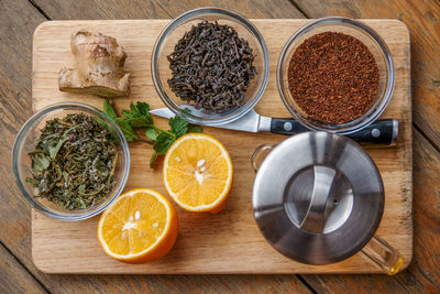 High angle view of various food on table