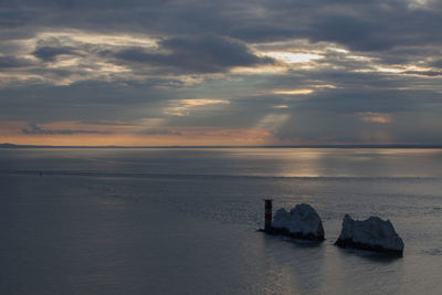 Scenic view of calm sea against cloudy sky