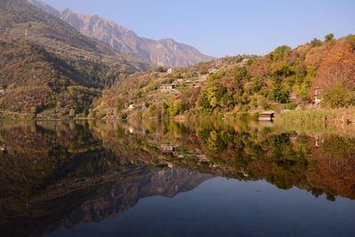 Scenic view of lake and mountains against clear sky