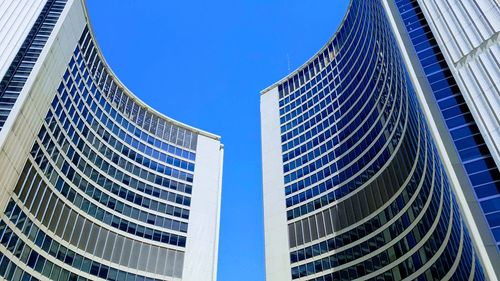 Low angle view of modern building against clear blue sky