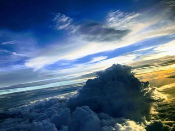 Aerial view of sea against sky during sunset