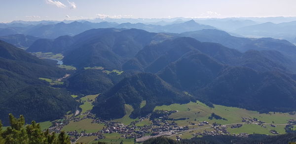 High angle view of mountains against sky