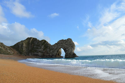 Waves reaching on shore at durdle door