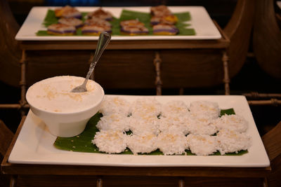 Close-up of food served on table