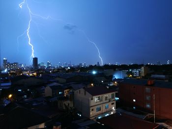 Aerial view of illuminated cityscape against sky at night