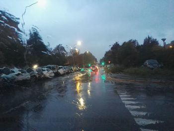 Reflection of illuminated trees in water at night