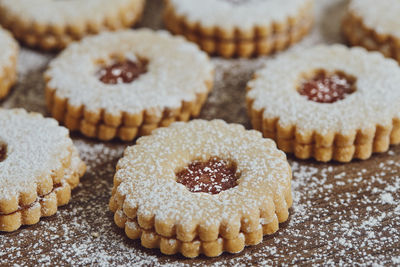 Close-up of powdered sugar on cookies