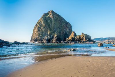 A view of the haystack rock monolith at cannon beach, oregon.