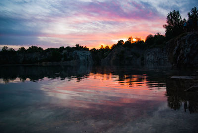 Scenic view of lake against sky at sunset