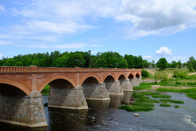 Arch bridge over river against sky