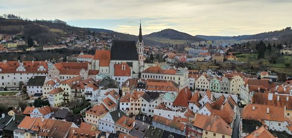 High angle shot of townscape against sky