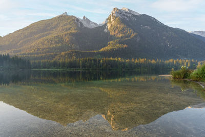 Majestic mountain reflected in still alpine lake during sunrise, hintersee, germany