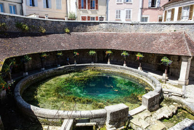 High angle view of fountain in swimming pool by building