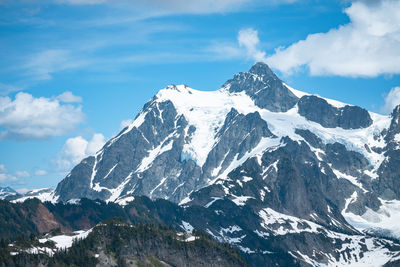 Scenic view of snowcapped mountains against sky