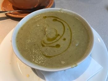 High angle view of soup in bowl