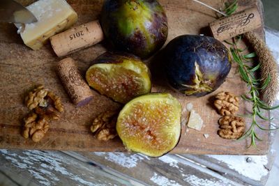 High angle view of fruits on cutting board