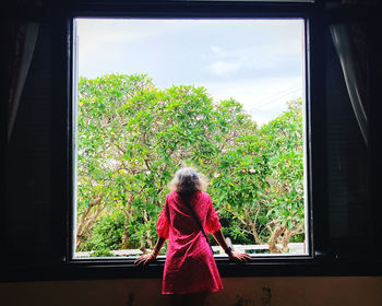 Rear view of woman looking through window