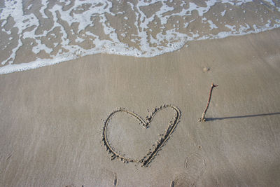 High angle view of text on sand at beach