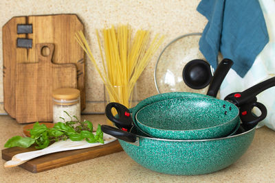 High angle view of food on table at home