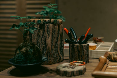 Close-up of chess pieces on table